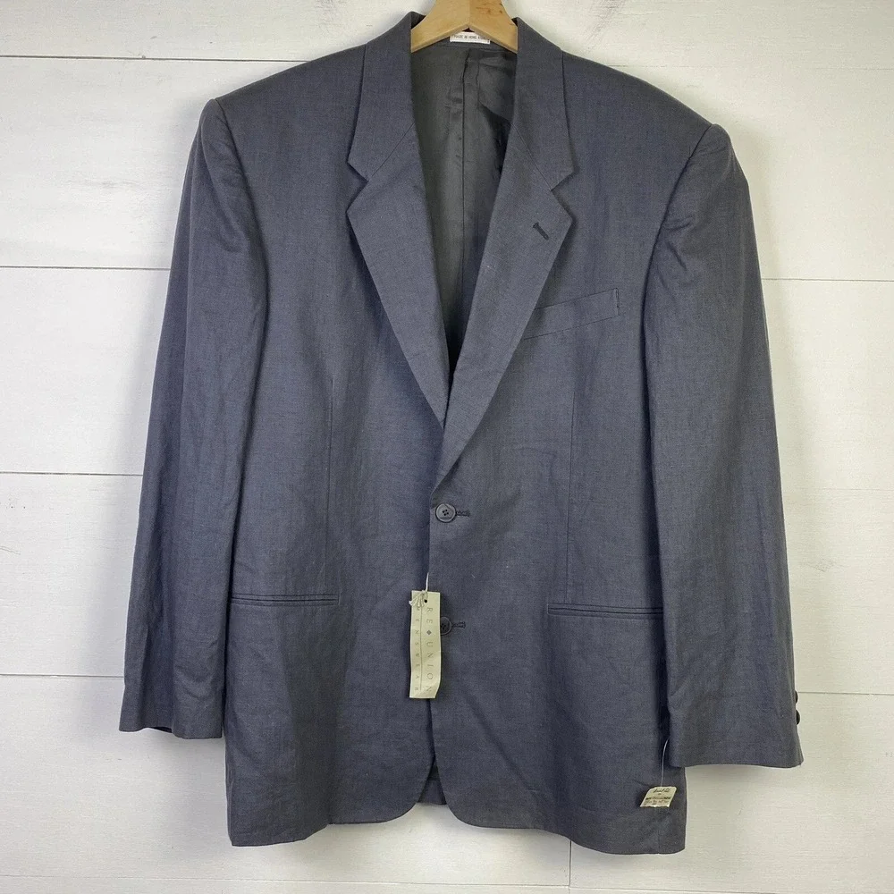 NWT Vtg ReUnion Blazer Mens M Gray Linen Blend Coastal Resort 2 Button Deadstock